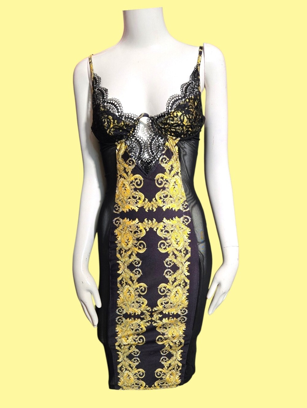 Black & Gold Lace Trim Bodycon Dress
